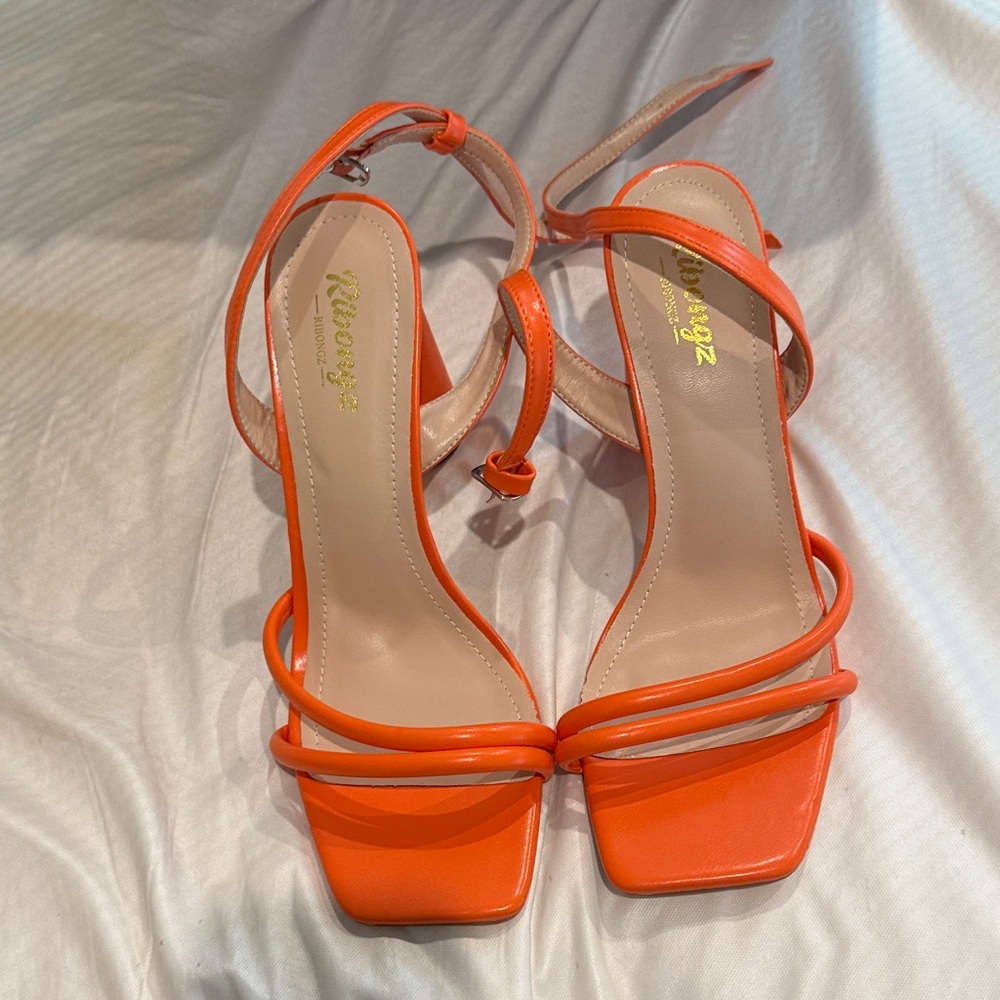 Riviera Bright Orange Double-Strap Square-Toe Heels